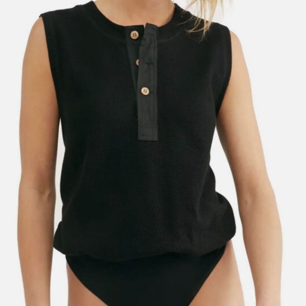 Free People Peek Aye Bodysuit: Sz M: Black Wood Buttons Sleeveless